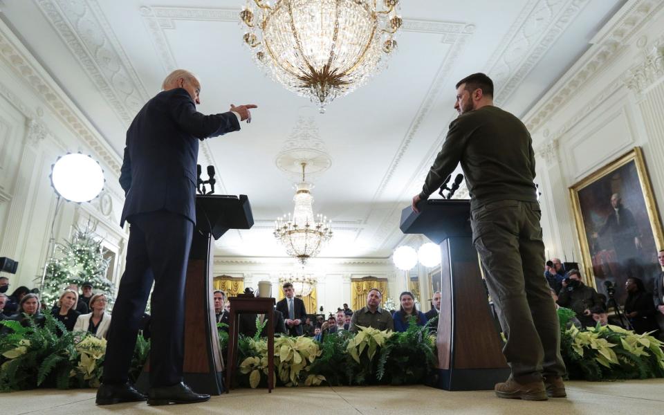 US President Joe Biden (L) speaks during a joint press conference with Ukrainian President Volodymyr Zelensky