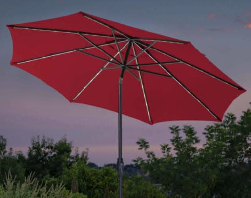 The recalled 10-foot Solar LED Market Umbrella with LED lights on the arms of the umbrella. (CSPC.gov)
