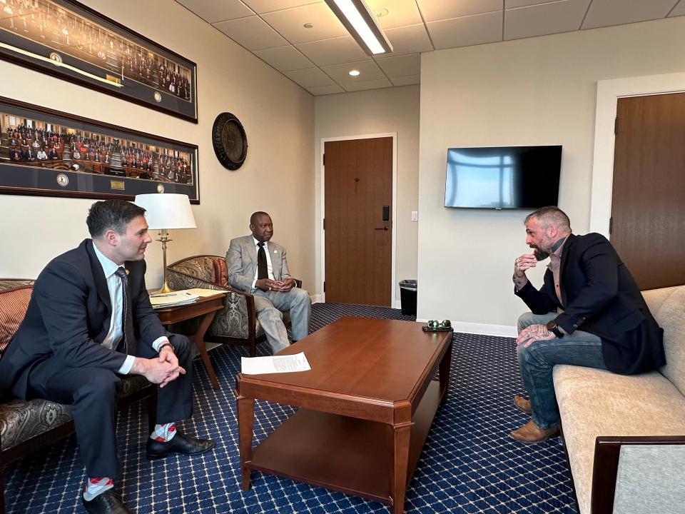 Officer Michael Fanone met with House of Delegates Speaker Don Scott Jr. and Del. Dan Helmer in Virginia.