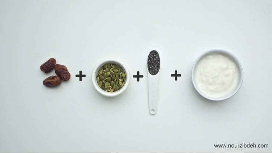 Mix a cup of plain Greek or regular yogurt with one tablespoon chia seeds, two tablespoons pumpkin seeds and three chopped dates. <br> <br> --Nour Zibdeh <br> <br> <a href="http://www.nourzibdeh.com/2015/06/16/18-quick-no-bread-breakfasts/" target="_blank">Get more recipes here. </a>