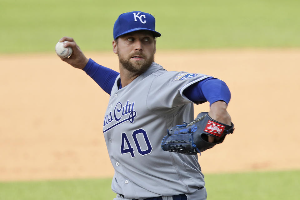 FILE - In this July 25, 2020, file photo, Kansas City Royals relief pitcher Trevor Rosenthal delivers in the eighth inning of a baseball game against the Cleveland Indians in Cleveland. The San Diego Padres acquired Rosenthal in a trade with the Royals on Saturday, Aug. 29, 2020, bolstering their bullpen for their pursuit of their first playoff appearance in 14 years. (AP Photo/Tony Dejak, File)