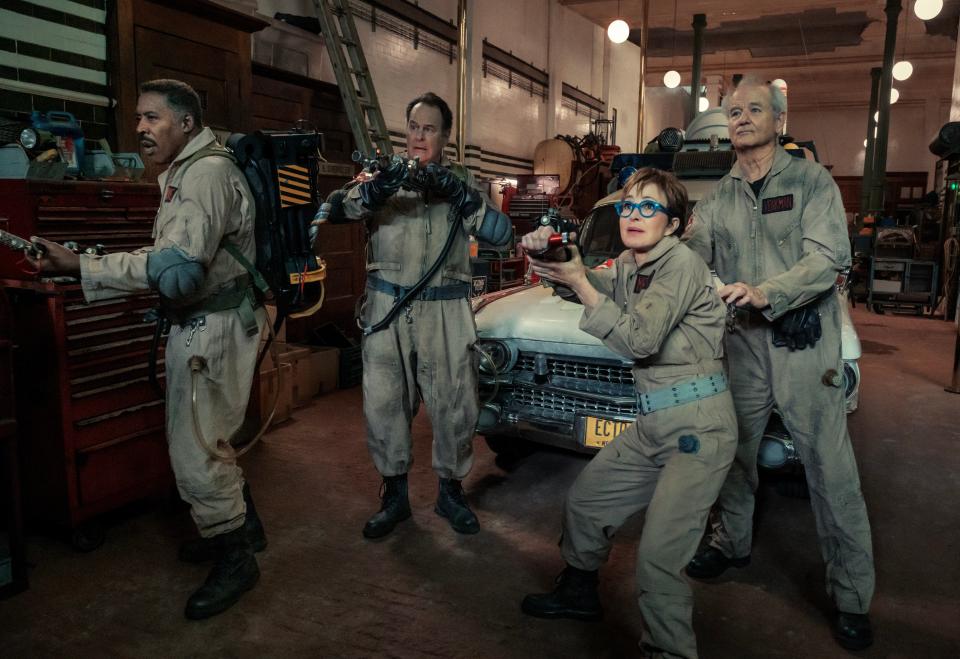 OG heroes Winston (Ernie Hudson, far left), Ray (Dan Aykroyd), Janine (Annie Potts) and Peter (Bill Murray) are back in action in "Ghostbusters: Frozen Empire."