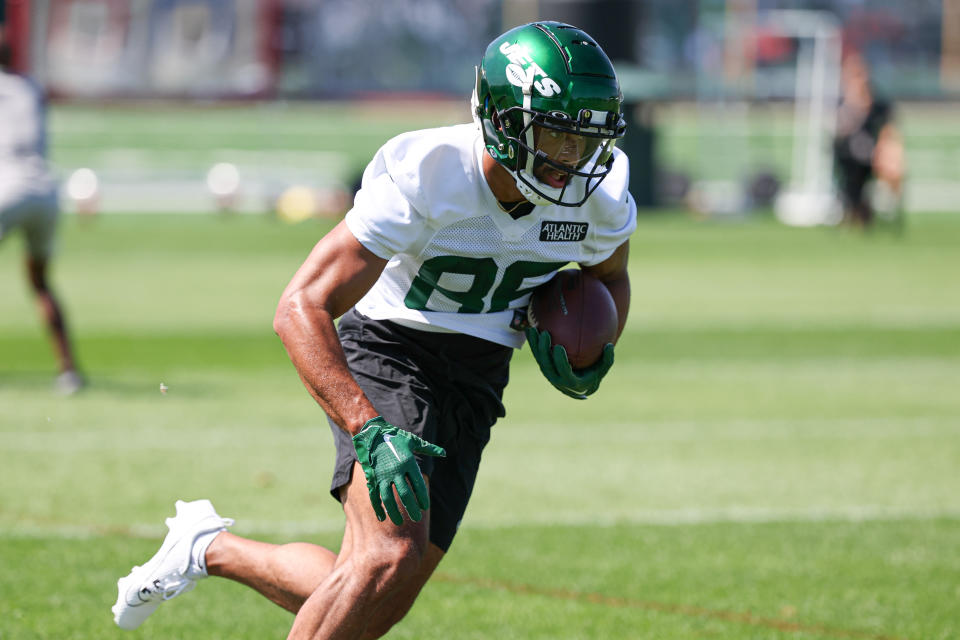 Jul 22, 2023; Florham Park, NJ, USA; New York Jets wide receiver Malik Taylor (86) participates in drills during the New York Jets Training Camp at Atlantic Health Jets Training Center. Mandatory Credit: Vincent Carchietta-USA TODAY Sports