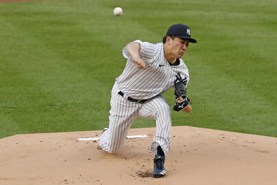 New York Yankees starting pitcher Masahiro Tanaka delivers during the first inning of a baseball game against the Atlanta Braves, Wednesday, Aug. 12, 2020, in New York. (AP Photo/Kathy Willens)
