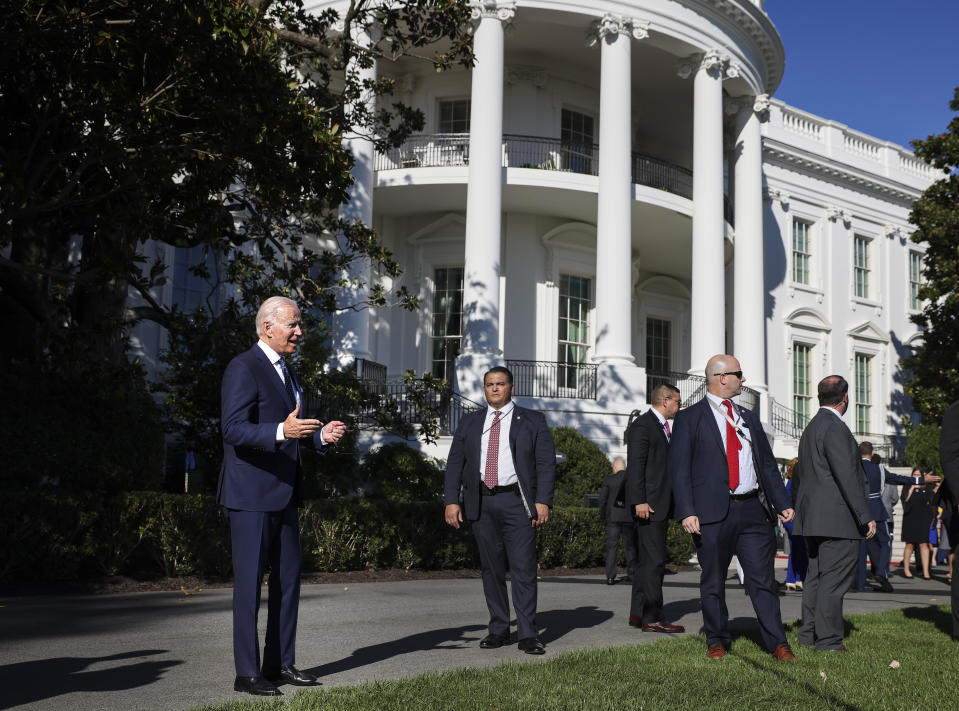 President Joe Biden speaks to the media on the passing of former Secretary of State Colin Powell, as he leaves the State and National Teachers of the Year awards ceremony at the White House on October 18, 2021 in Washington, DC.  / Credit: Kevin Dietsch / Getty Images