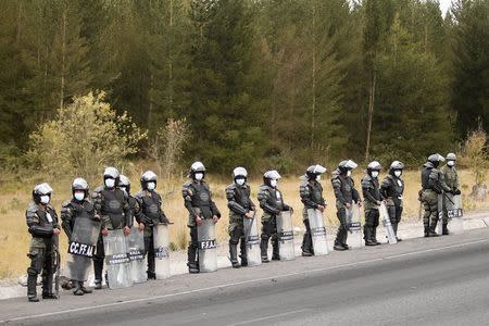 Riot police wearing surgical masks to protect themselves from volcanic ash spewed by the Cotopaxi volcano, stand along a highway in Chasqui, Ecuador, August 14, 2015. REUTERS/Guillermo Granja