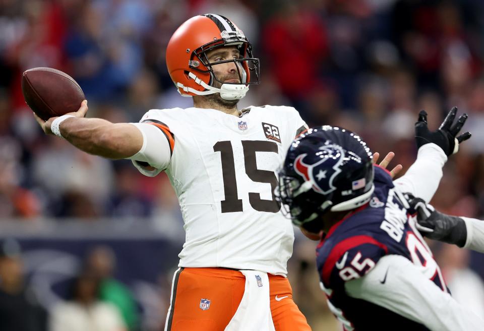 Joe Flacco #15 of the Cleveland Browns throws a pass against the Houston Texans during the second quarter in the AFC Wild Card Playoffs at NRG Stadium on January 13, 2024 in Houston, Texas.