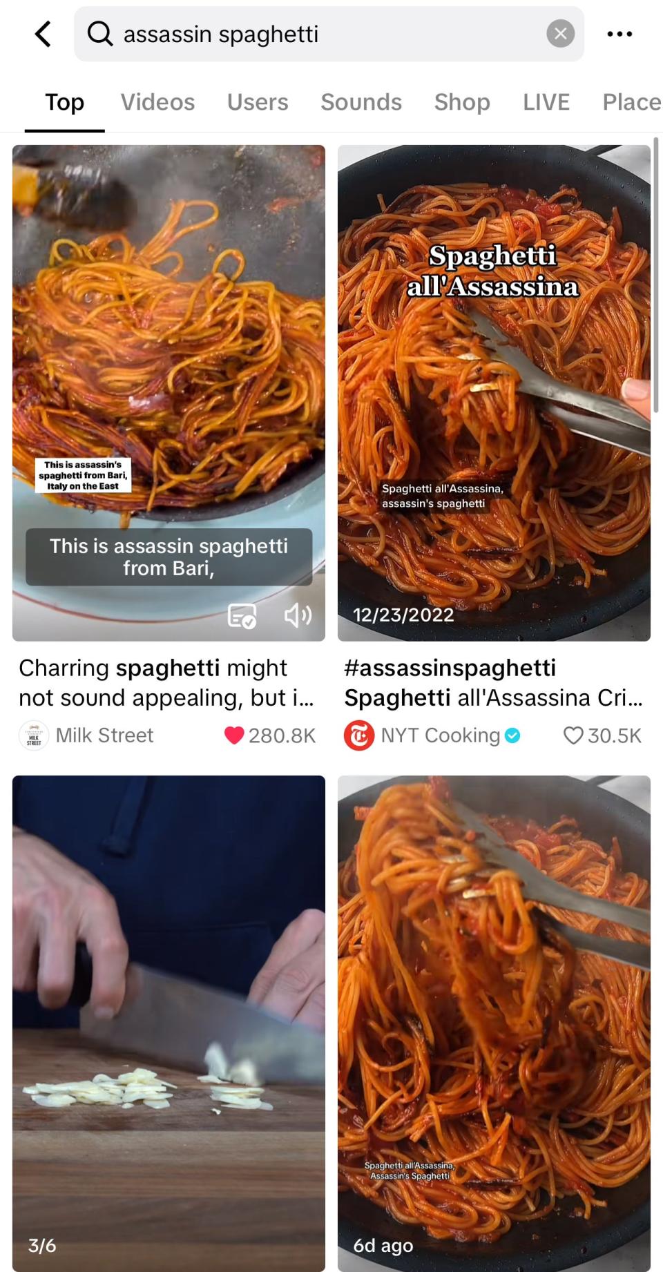 Search results for 'assassin spaghetti' showing various images and videos of spaghetti dishes, with textual overlays and user interactions