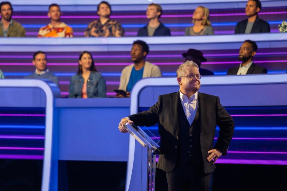 Patton Oswalt at work on the set of the new game show “The 1% Club.” Adam Rose/Prime