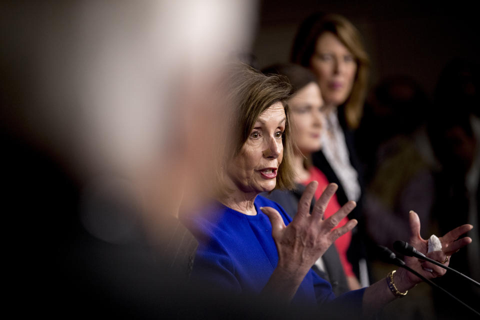 In this Dec. 10, 2019, photo, House Speaker Nancy Pelosi of Calif., speaks at a news conference to discuss the United States Mexico Canada Agreement (USMCA) trade agreement on Capitol Hill in Washington. President Donald Trump and House Speaker Nancy Pelosi don’t see eye-to-eye on much these days. But in the throes of impeachment, they’re in lockstep on the desire to close out the year by checking off items on their to-do lists (AP Photo/Andrew Harnik)