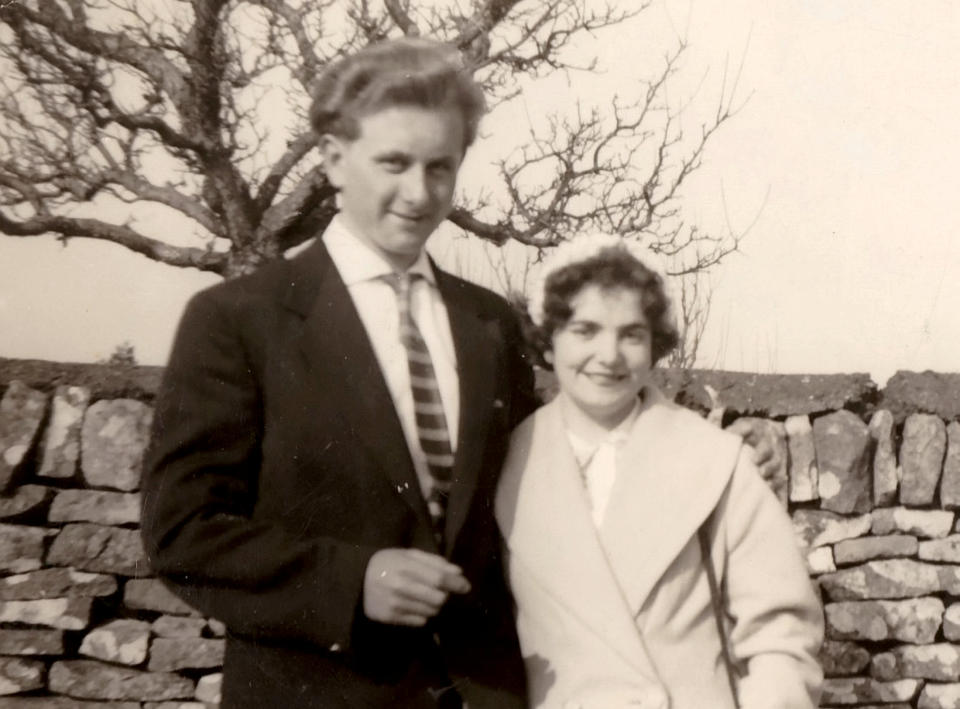 Margaret Moore with her late husband Bob in the 1950s. Bob died in 2004. See SWNS story SWMDreunited; Two schoolfriends who last saw each other in 1951 have been reunited at a residential care home after more than 70 years apart. Audrey Sishton and Margaret Moore, both 86, were friends at the Belt Road School for Girls in Cannock, Staffs., during the late 1940s and early 1950s. After they had finished school, the pair went in their separate directions to marry and raise their families. Despite both still continuing to live in the Cannock area, the pair last saw each other in 1951 when they both were 15-years-old. Now, the friends have been reunited at the Littleton Lodge care home in Hednesford, Staffs., after Audrey temporarily moved whilst her house was undergoing repair work. Margaret, who has four children and seven grandchildren, had been living at the luxury care home on Bishop Street since June 2021.  Audrey immediately clocked eyes on fellow Belt Road School for Girls pupil Margaret, who had been in her class, and the pair quickly rekindled their friendship. (Steve Moore / SWNS)