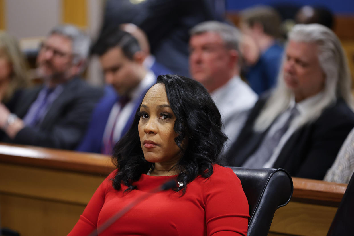 Fulton County District Attorney Fani Willis looks on during a hearing on the Georgia election interference case.