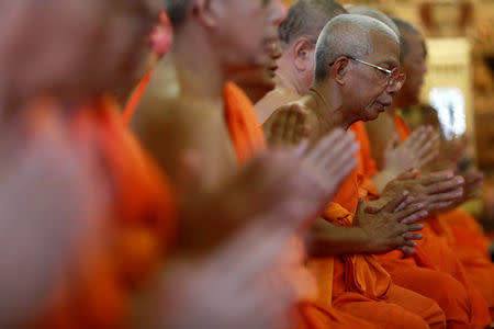 Buddhist monks pray during the coronation of King Maha Vajiralongkorn in Bangkok, Thailand, May 4, 2019. REUTERS/Soe Zeya Tun