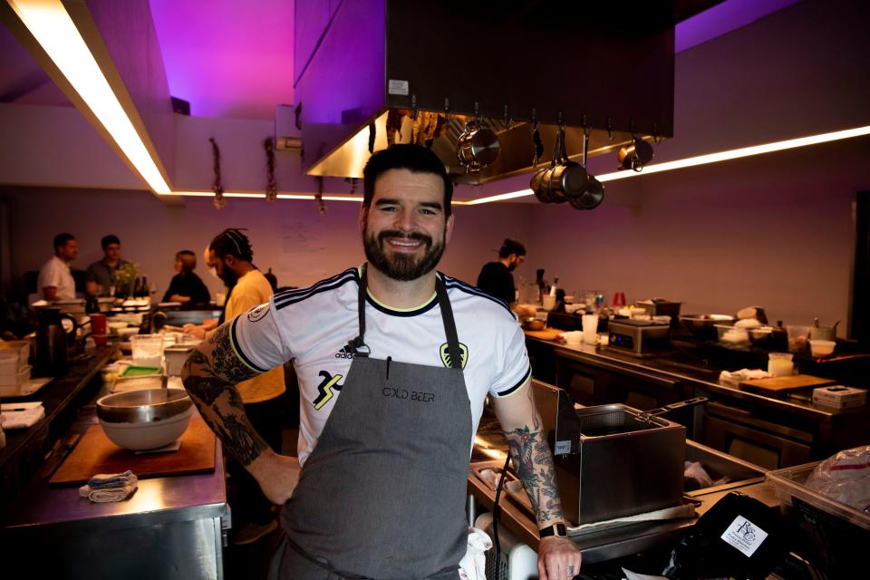 Brian Baxter the fifth chef to run The Catbird Seat stands in the restaurant in Nashville, Tenn., Thursday, May 16, 2024.