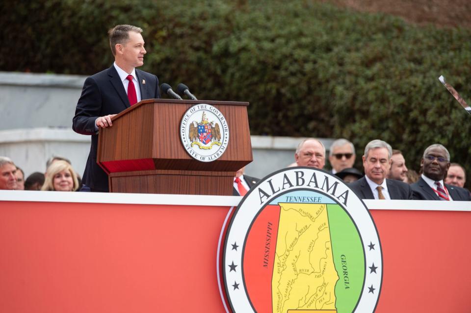 Secretary of State Wes Allen speaks during Inauguration Day on the steps of the Alabama State Capitol Building.