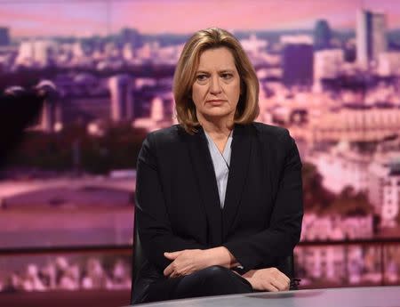 Britain's Home Secretary Amber Rudd is seen appearing on the BBC's Andrew Marr Show in this photograph received via the BBC in London, Britain March 26, 2017. Jeff Overs/BBC/Handout via REUTERS