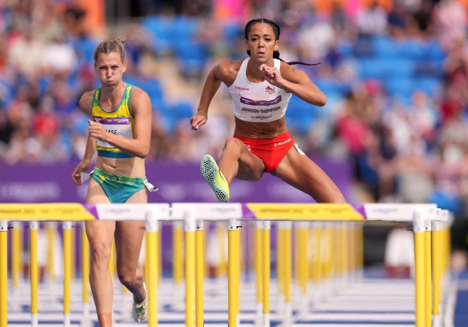 England’s Katarina Johnson-Thompson competes in the Women’s Heptathlon 100m Hurdles at Alexander Stadium (PA)