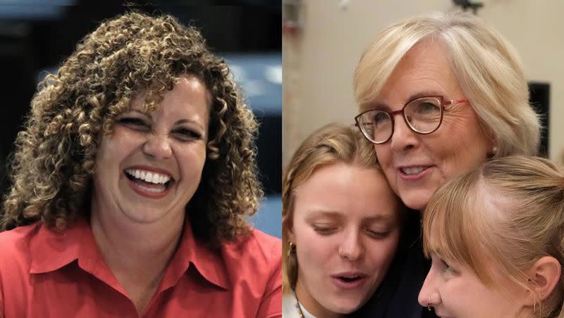 Left, Celeste Maloy, candidate for Rep. Chris Stewart’s 2nd Congressional District seat, laughs Tuesday evening, Sept. 5, 2023, at a campaign party in Cedar City. Right, former state lawmaker Becky Edwards poses for photographs after arriving for an election night watch party Tuesday, Sept. 5, 2023, in Salt Lake City.