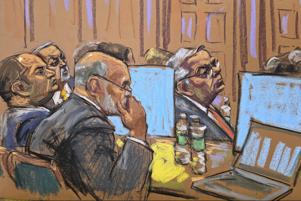 In this courtroom sketch,, defendants, seated at left, left to right: Wael Hana, Fred Daibes, and Lawrence Lustberg; and Sen. Robert Menendez, seated right, listen to closing arguments, Wednesday, July 10, 2024, at Manhattan federal court in New York. (Jane Rosenberg via AP)