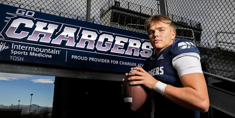 Corner Canyon’s Isaac Wilson poses for Mr. Football photos in Draper on Wednesday, Dec. 6, 2023. | Scott G Winterton, Deseret News