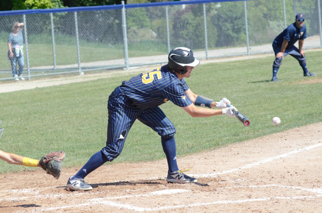 Gaylord's Connor Abraham attempts to lay down a bunt during the Region 2 district semifinal on Saturday, June 4 at Joe Turcott in Petoskey, Mich.