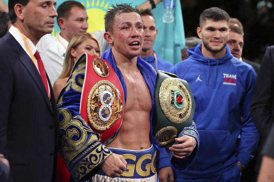 Gennadiy Golovkin after defeating Sergiy Derevyanchenko in a unanimous decision in their IBF middleweight championship title bout at Madison Square Garden in New York on Saturday, Oct. 5, 2019. (AP Photo/Rich Schultz)