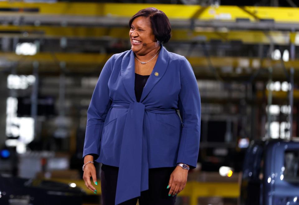 Laura Dickerson, the UAW Region 1A Director, talks with employees, guests and the media inside the Ford Rouge Electric Vehicle Center during the official launch of the F-150 Lightning pickup truck at the plant in Dearborn on Tuesday, April 26, 2022.