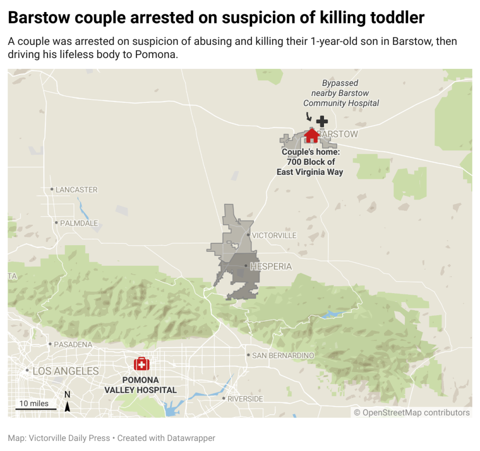 A couple was arrested on suspicion of abusing and killing their 1-year-old son at their home in Barstow, then driving his lifeless body some 85 miles to a Pomona hospital.