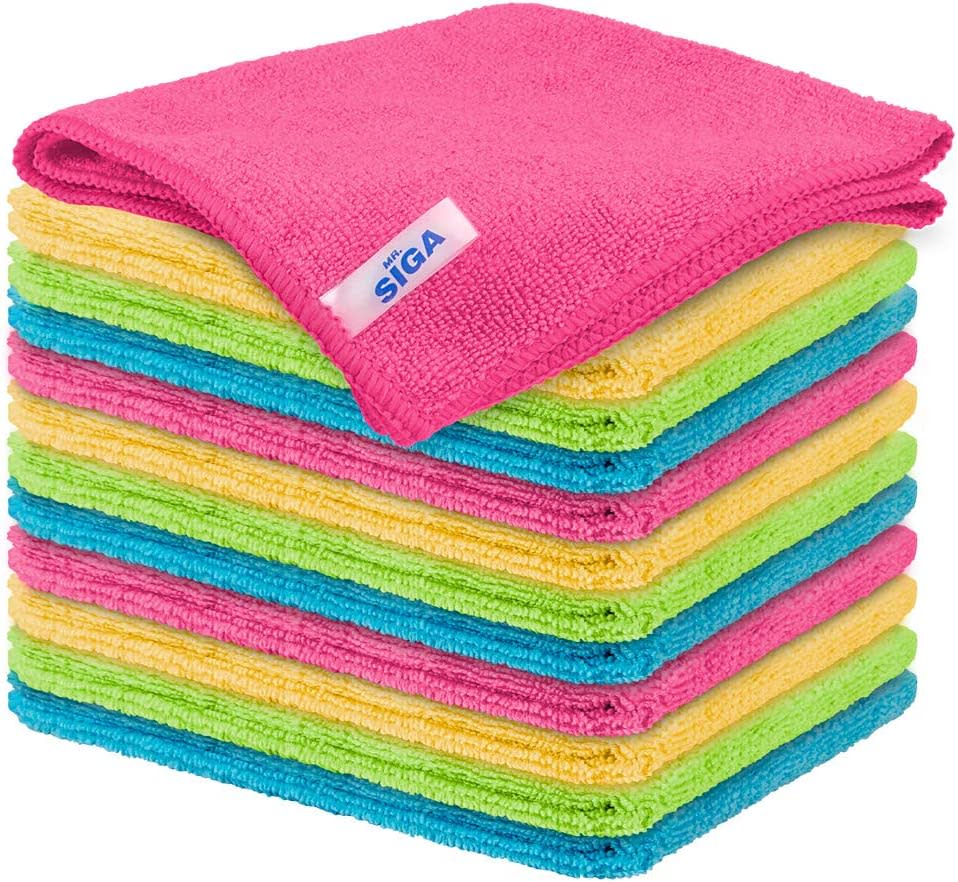 A multicoloured set of 12 MR.SIGA Microfiber Cleaning Cloths on a white background