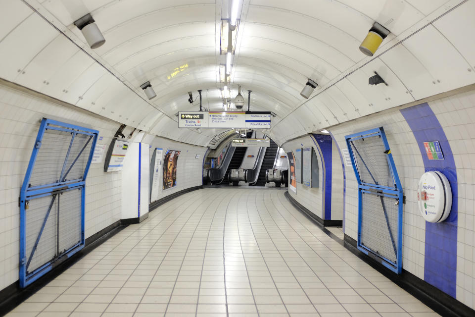 An empty Kings Cross tube station in London, the day after Prime Minister Boris Johnson called on people to stay away from pubs, clubs and theatres, work from home if possible and avoid all non-essential contacts and travel in order to reduce the impact of the coronavirus pandemic.