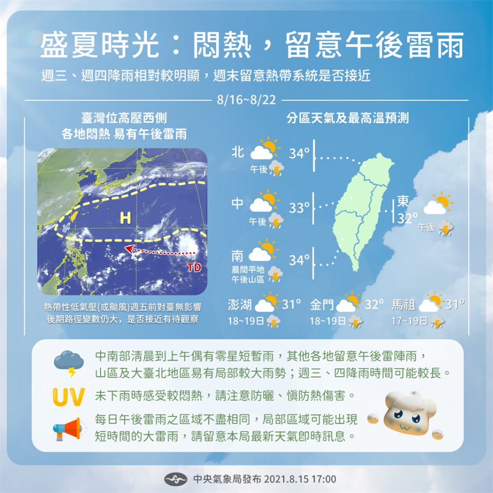 氣象局表示，本周各地大多以高溫悶熱、午後有雷陣雨的天氣為主，山區及大台北地區要留意較大雨勢出現。(圖/氣象局)