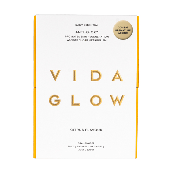 A white box of Vida Glow ANTI-G-OX Citrus 30x2g Sachets with gold and black writing.