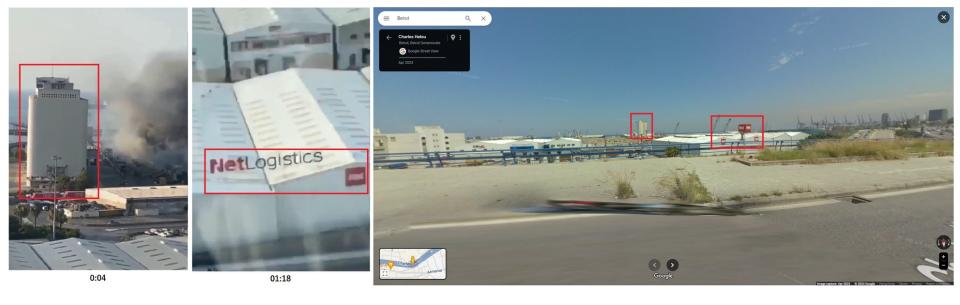 <span>Screenshot comparison of scenes from the footage shared on TikTok (left and centre) and a corresponding location shown on Google Maps' Street View (right)</span>