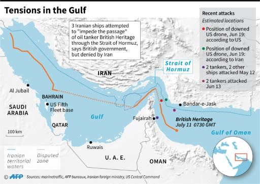 Map showing the path from July 6-11 of the oil tanker "British Heritage"