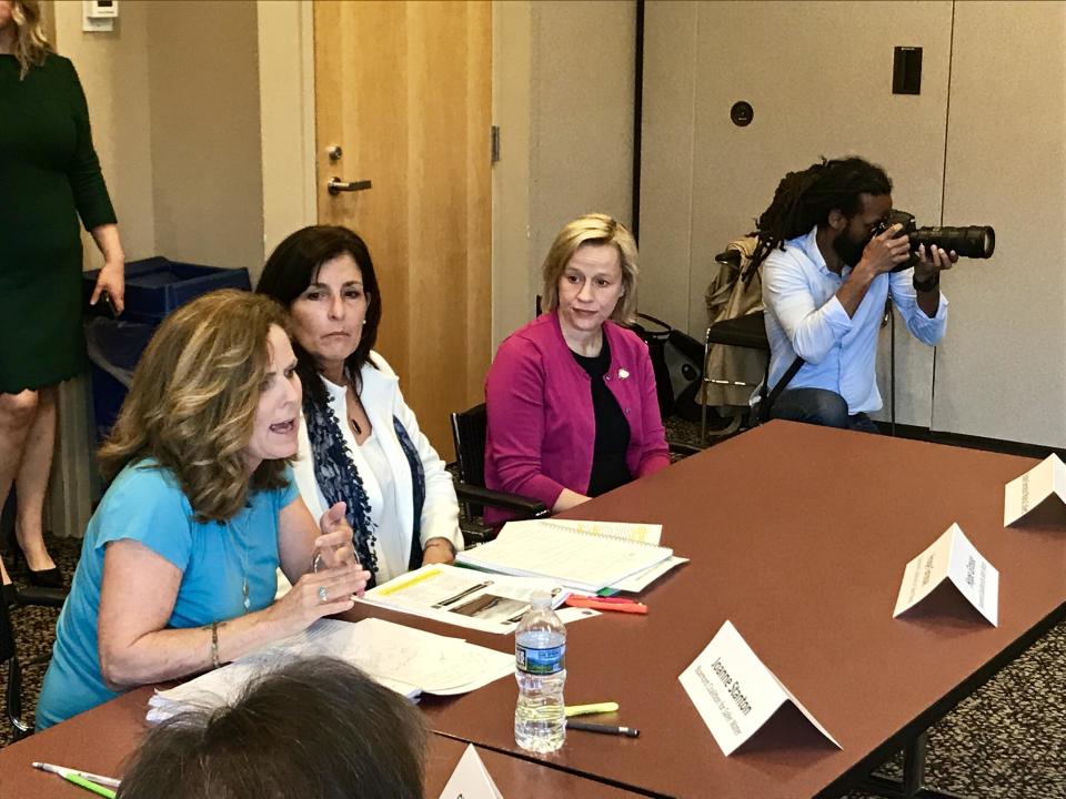 Joanne Stanton (left) with fellow Buxmont Coalition for Safer Water founder Hope Grosse discuss PFAS contamination in 2019. Stanton, Grosse and state Sen. Maria Collett, D-12, of Lower Gwynedd, pictured here have been just a few of many area residents impacted by firefighting foams used at area former and active military bases.