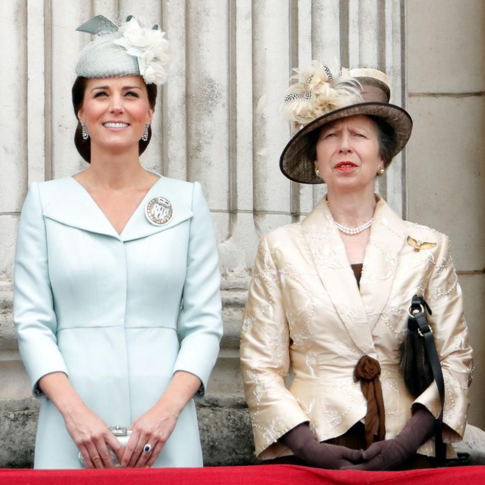 <p>Princess Anne marks the centenary of the RAF on the balcony of Buckingham Palace with Kate Middleton. </p>