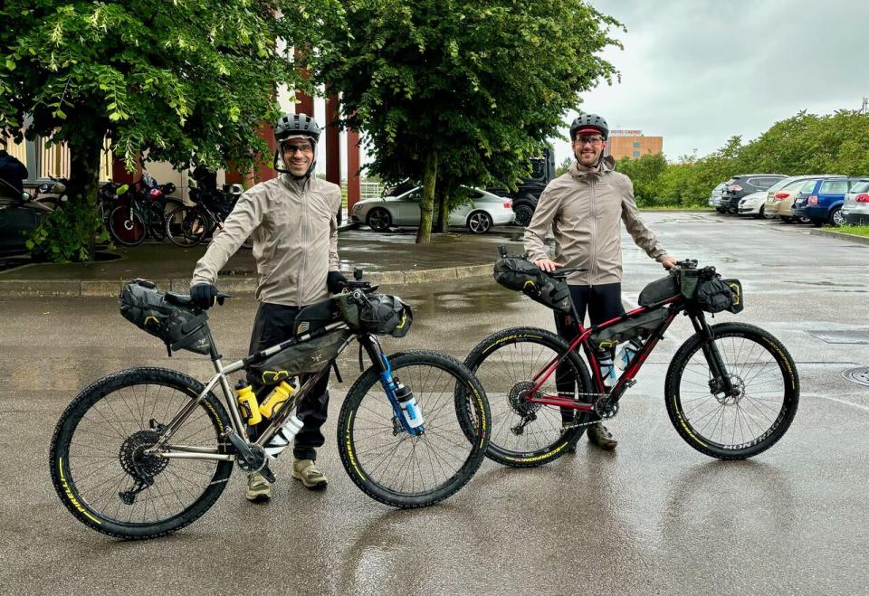 Landine and Cook at the start line in Slovenia. The first four days of the race were rainy.