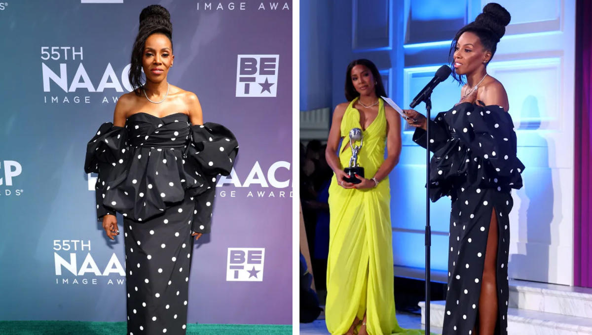 June Ambrose receives the NAACP Image Awards fashion award in the Marc Jacobs Bubble Peplum dress, presented by Kelly Rowland