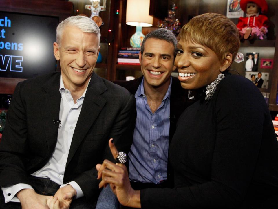 Anderson Cooper and NeNe Leakes" -- Pictured: (l-r) Anderson Cooper, host Andy Cohen, NeNe Leakes