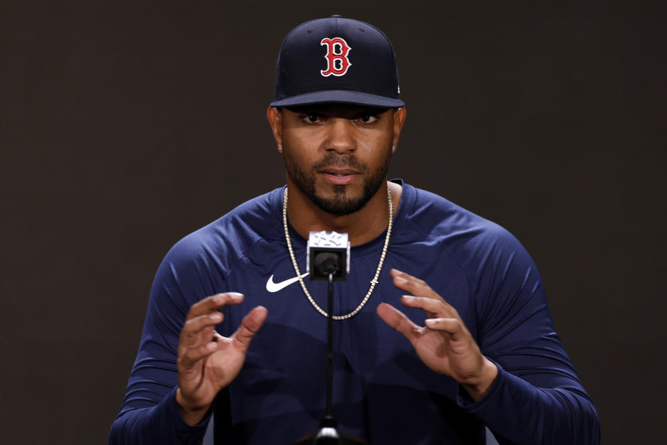 Boston Red Sox shortstop Xander Bogaerts speaks to reporters on Thursday, April 7, 2022, in New York. The Red Sox will face the New York Yankees in a baseball game on Friday. (AP Photo/Adam Hunger)