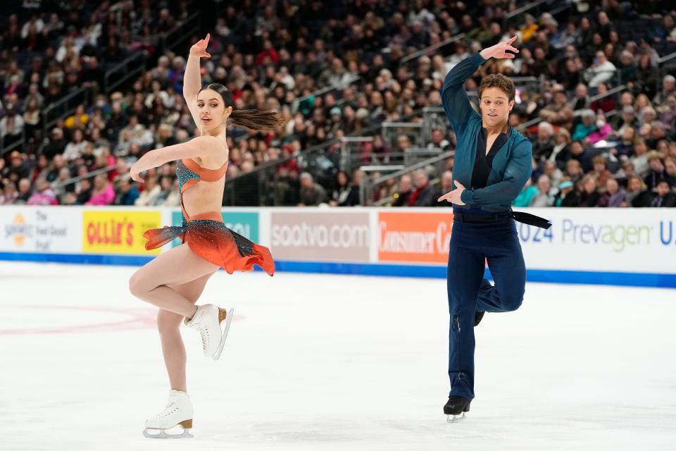 Jan 27, 2024; Columbus, Ohio, USA; Caroline Green and Michael Parsons perform in the championship free dance during the 2024 US Figure Skating Championships at Nationwide Arena. Mandatory Credit: Adam Cairns-USA TODAY Sports