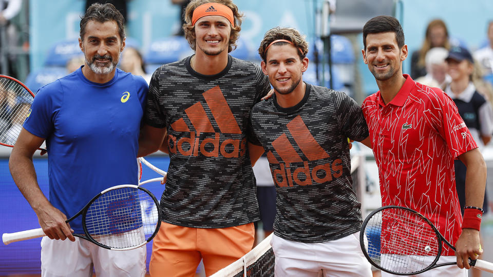 Nenad Zimonjic, Alexander Zverev, Dominic Thiem and Novak Djokovic, pictured here hugging at the Adria Tour event.