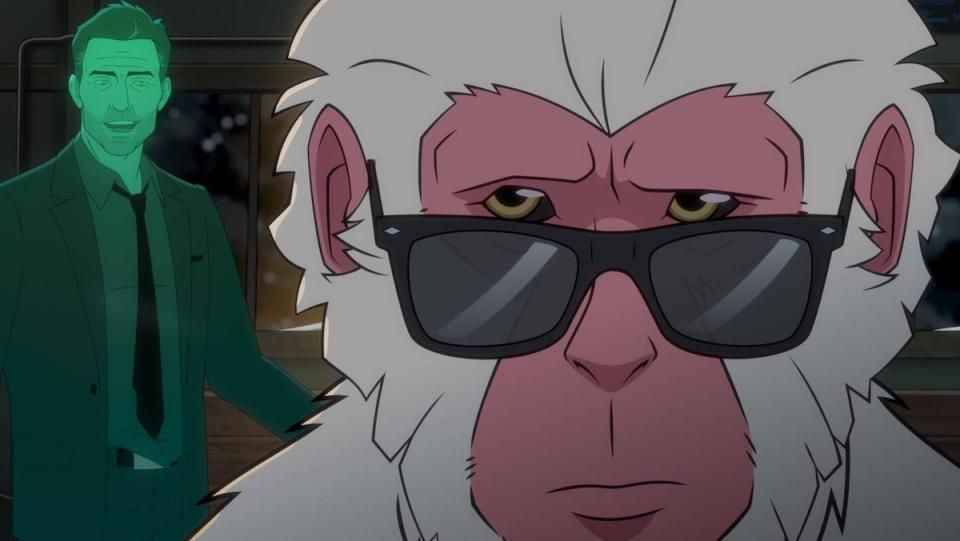 A snow monkey wears sunglasses as a green ghost in a suit stands behind him on Marvel's Hit-Monkey