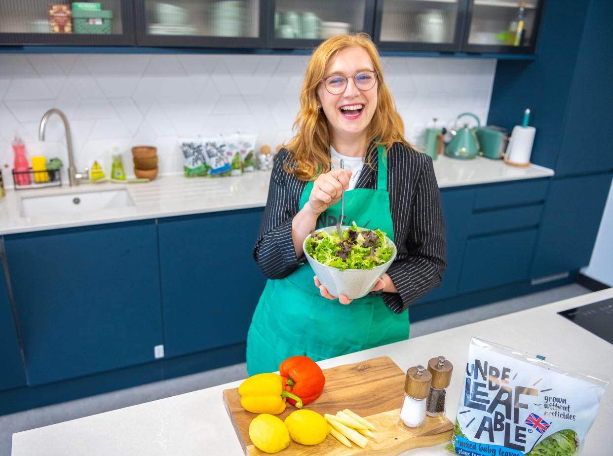 GrowUp Farms' co-founder Kate Hofman with the company's latest supermarket salad, Unbeleafable.