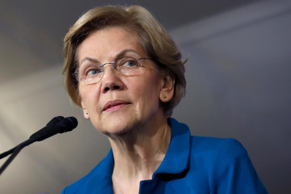 Democratic presidential candidate Sen. Elizabeth Warren, D-Mass., speaks to supporters at a primary election night rally, Tuesday, Feb. 11, 2020, in Manchester, N.H. (AP Photo/Elise Amendola)