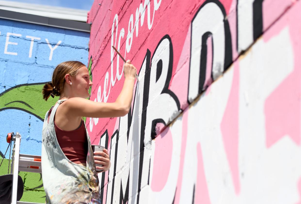 Iris Menegay, a Stark County artist, works on a new mural last year at Umbrella Alley in downtown Louisville.