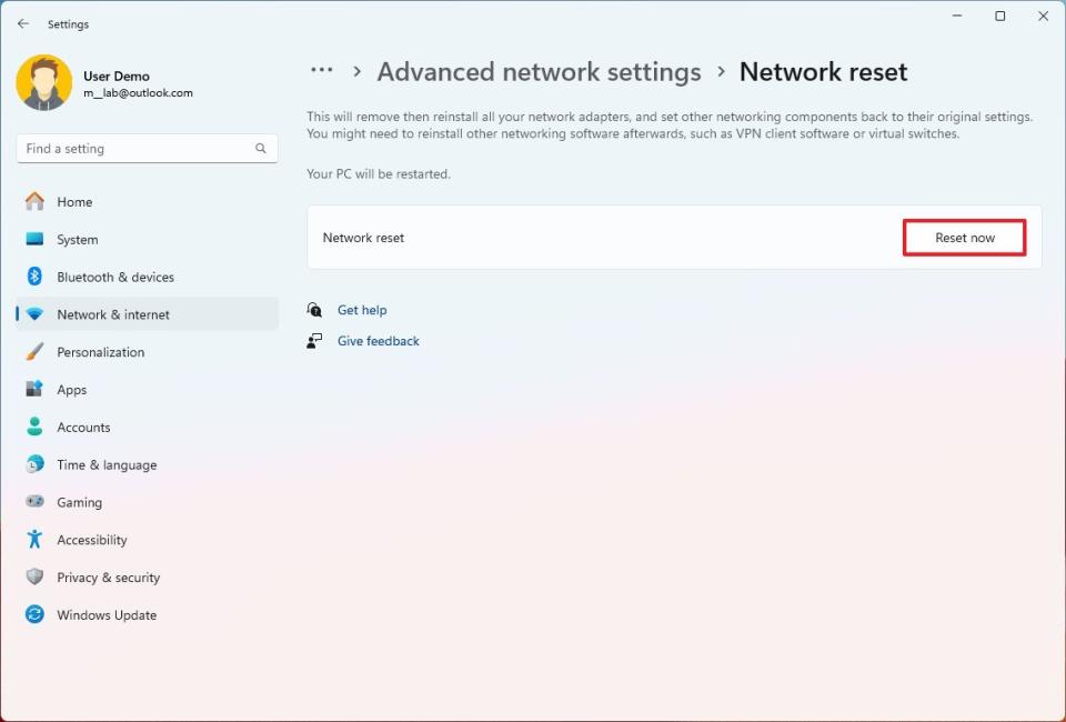 Reset network on Windows 11 version 23h2