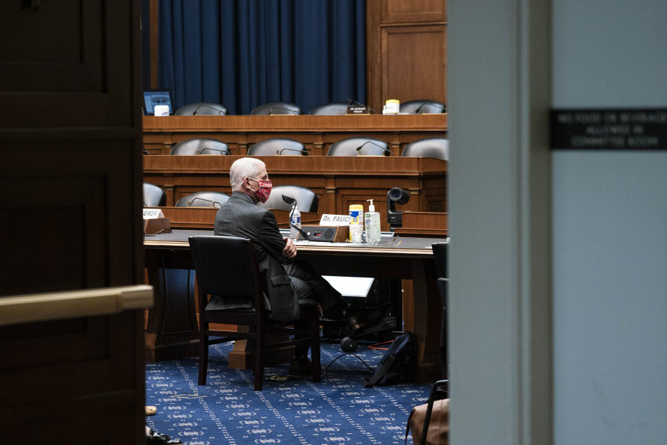 Director of the National Institute of Allergy and Infectious Diseases Dr. Anthony Fauci listens during a House Committee on Energy and Commerce on the Trump administration's response to the COVID-19 pandemic on Capitol Hill in Washington on Tuesday, June 23, 2020. (Sarah Silbiger/Pool via AP)