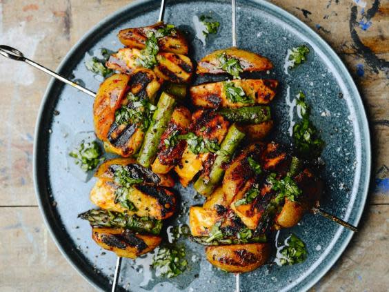 Harissa potato, halloumi and asparagus with coriander and lemon oil skewers (Recipe from 'Charred' by Genevieve Taylor)
