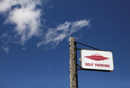 A parking sign at the Little A'Le'Inn as an influx of tourists responding to a call to 'storm' Area 51, a secretive U.S. military base believed by UFO enthusiasts to hold government secrets about extra-terrestrials, is expected in Rachel, Nevada